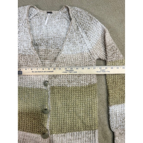 Free People Striped Knit Cardigan Sweater Neutral Tones Button Front Long Sleeve - Picture 4 of 9